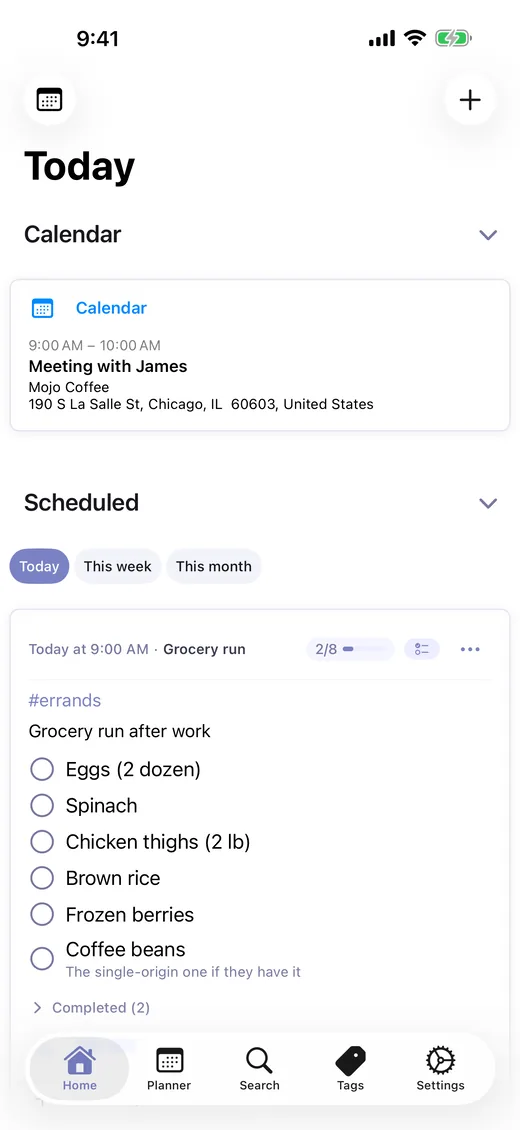 LighterMind home screen showing today's calendar, scheduled tasks, and meal plan on iPhone