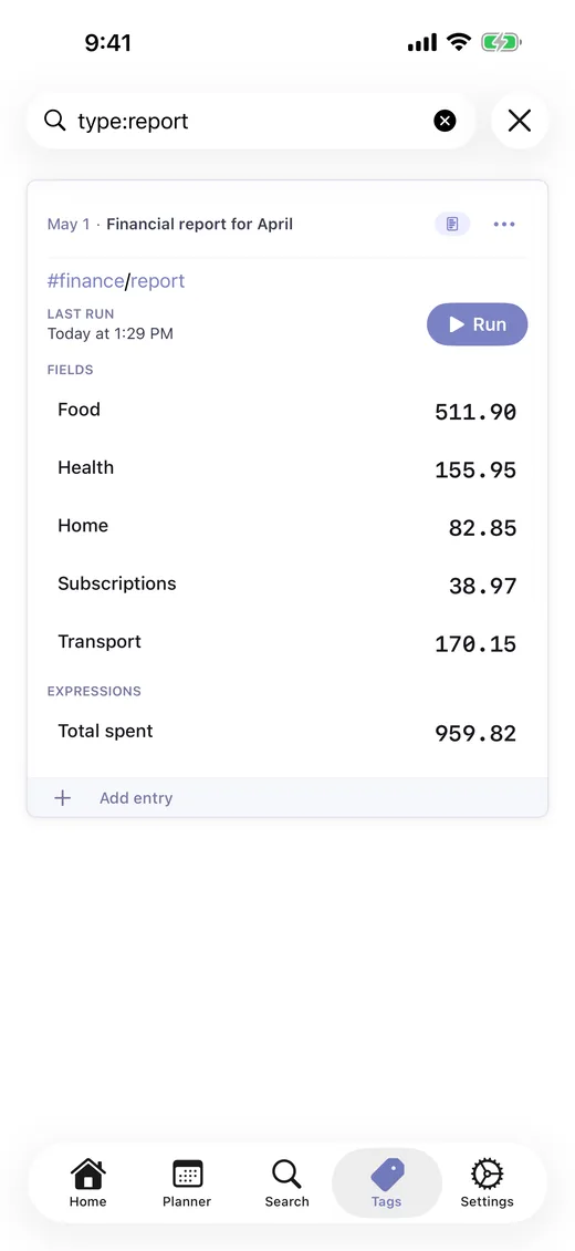 Financial report dashboard showing categorized spending in LighterMind