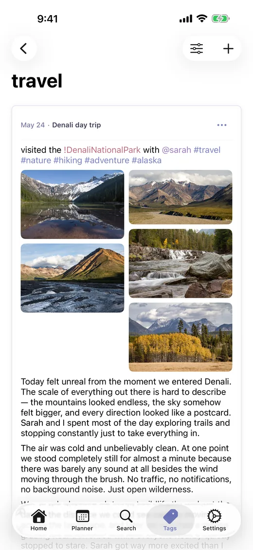 A rich journal entry with photos from a Denali National Park trip in LighterMind