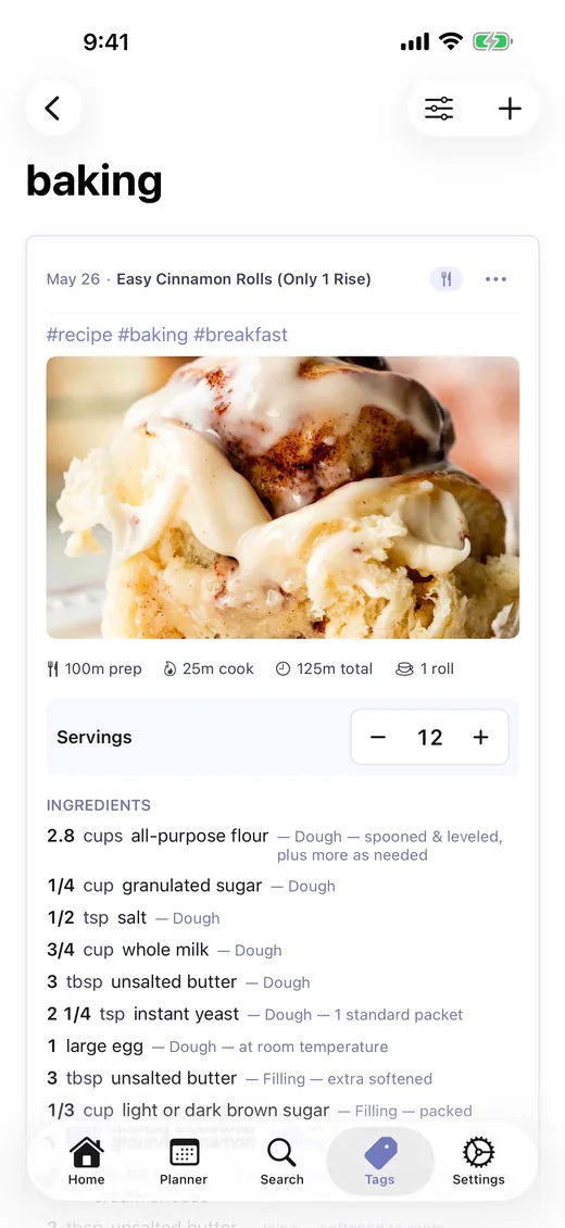 A cinnamon rolls recipe with ingredients, prep time, and servings in LighterMind