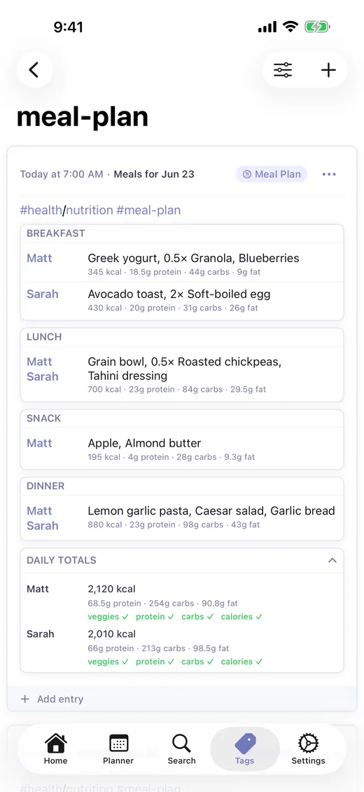 A multi-person daily meal plan with per-meal calories, macros, and daily totals in LighterMind