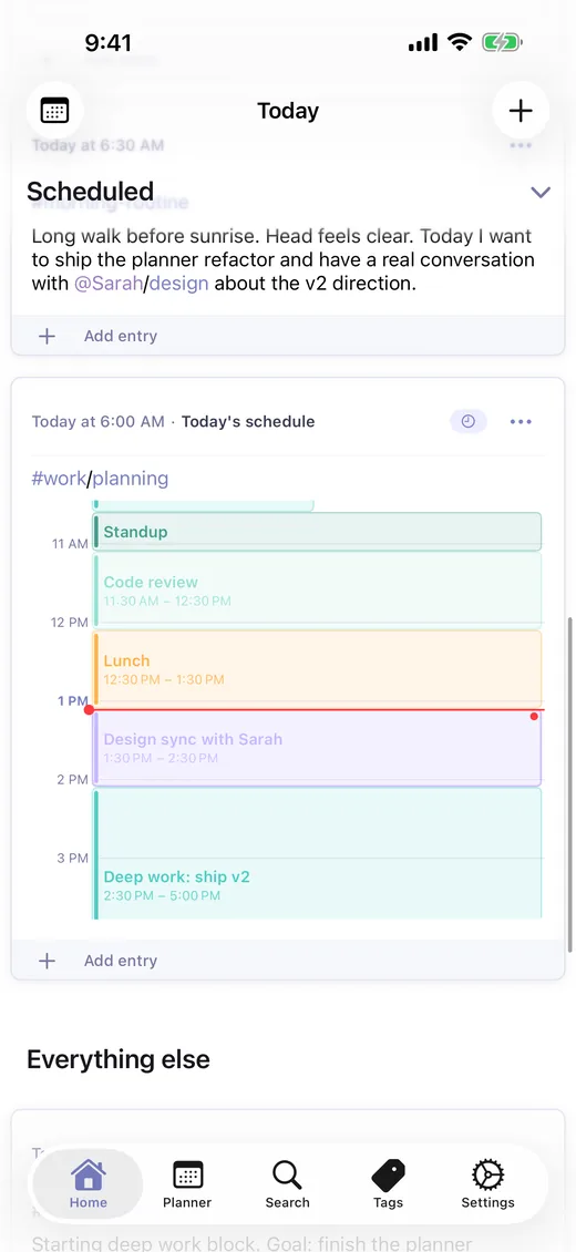 Daily time blocks showing morning walk, journal, deep work, and standup in LighterMind
