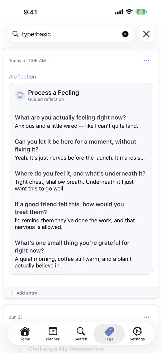 A guided journaling reflection in LighterMind showing questions and answers from a Process a Feeling session