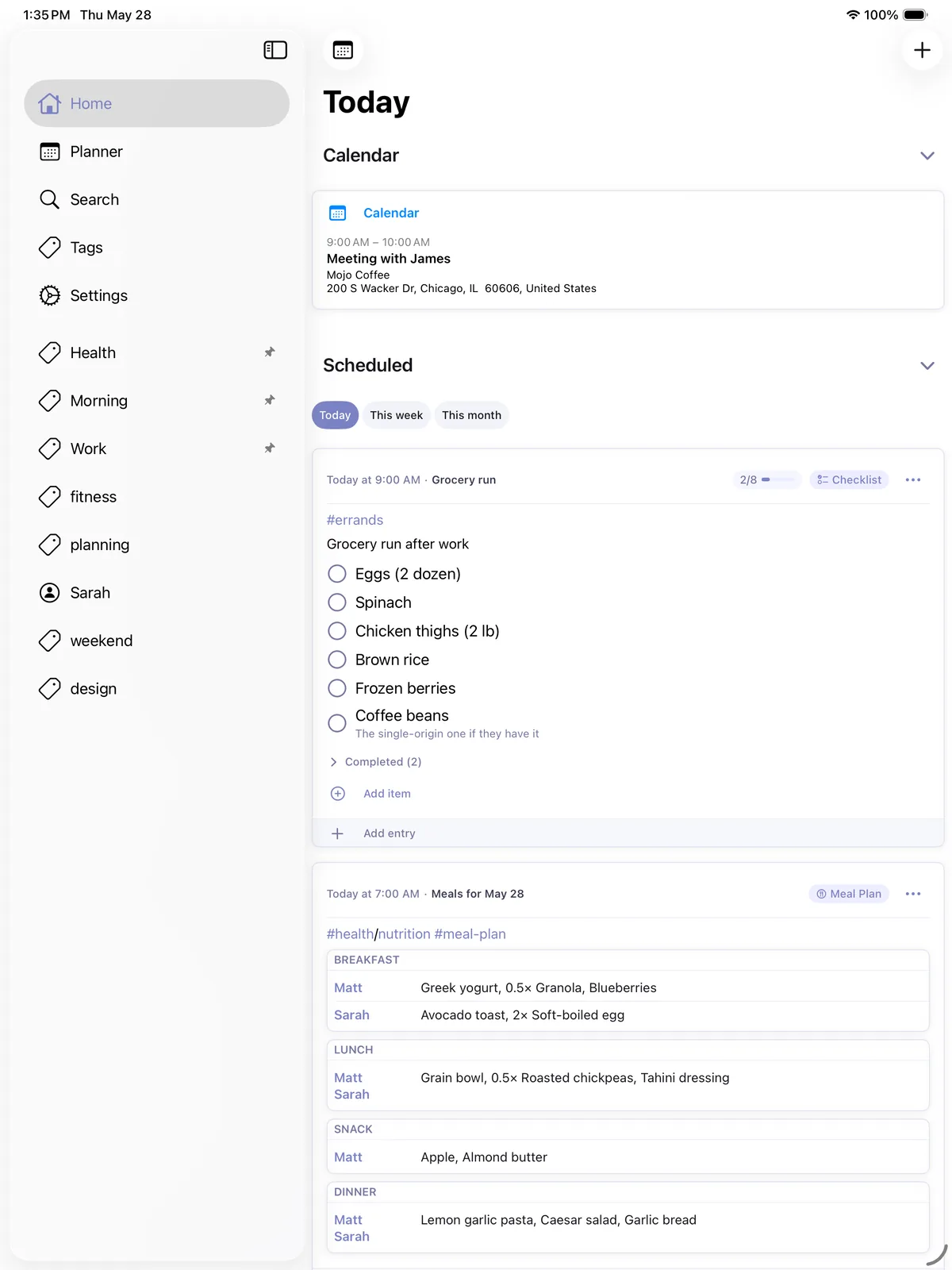 LighterMind iPad view showing the unified home feed with calendar, checklists, and meal plans