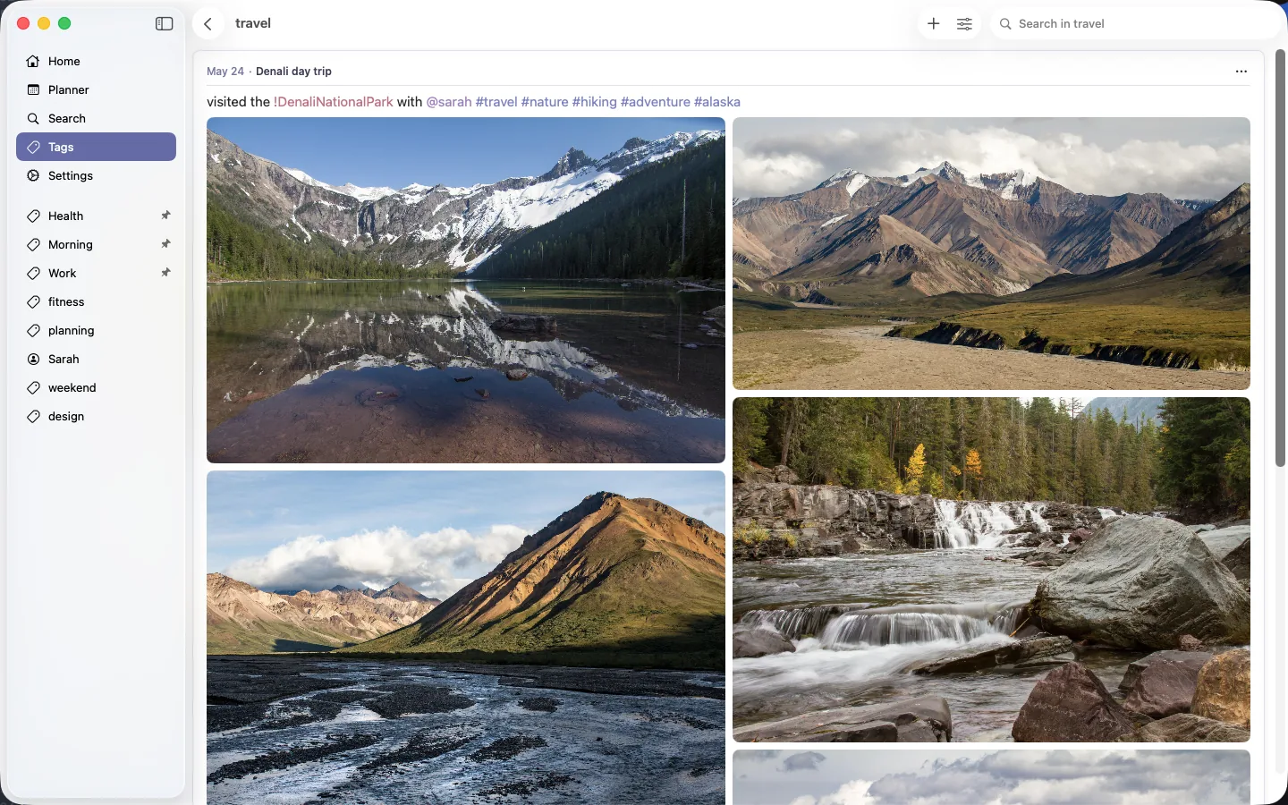 A journal entry with a photo gallery from a national park trip, shown on Mac
